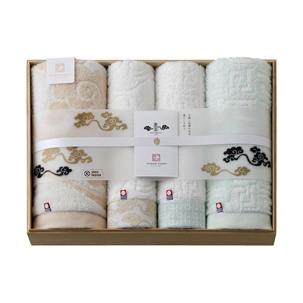 今治謹製 雲母唐長(KIRA KARACHO) 唐長文様タオルセット(木箱入) コンパクトバスタオル・ロングフェイスタオル C6053576