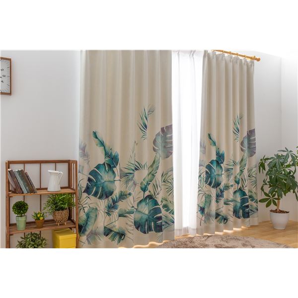 遮光カーテン 幅100cm×丈200cm リーフ柄 2枚 洗える 日本製 アジャスターフック タッセル付き 3級 遮光 カーテン プランシェ GN