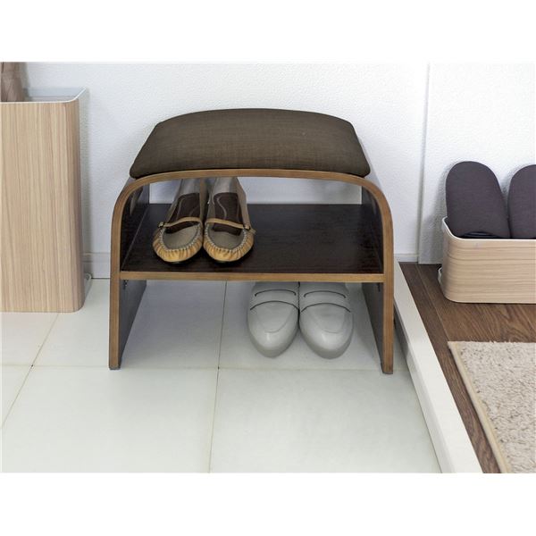 玄関椅子 スツール 幅47cm ブラウン 曲げ木 コンパクト 木製×ファブリック 座面下収納 取っ手付き 完成品 リビング [3]