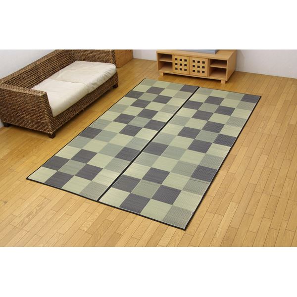 日本製 い草 花ござ/ラグマット 【ブロック柄 グレー 江戸間10畳 約435×352cm】 裏：ウレタン 防傷 抗菌 防臭 調湿【代引不可】 送料無料！