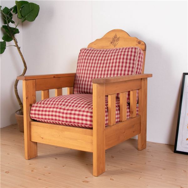 ソファー 75×85×96cm 1人掛け ナチュラルブラウン チェック柄 木製 肘付き 脚付き オイル塗装 カントリー風 組立品 リビング 送料無料!