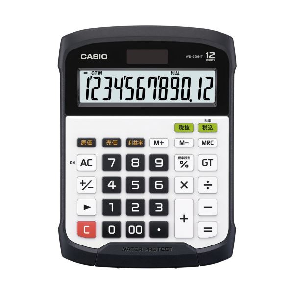 ■商品内容【ご注意事項】・この商品は下記内容×3セットでお届けします。●濡れた手でもそのまま操作でき、ホコリにも強い電卓です。●下側のロックを外すとキーパッドが外れ、電卓ベース部とキーパッドが分離できます。キーパッドは水洗いができます。●消費税の税込・税抜計算が行えます。税率も自由に設定でき、税金額も表示します。●商売に不可欠な原価/売価/粗利率の計算が、専用キーでワンタッチ。●従来の太陽電池付き電卓と異なり、計算途中で光がさえぎられても、内蔵電池によって計算内容を保護します。●四則演算の計算やメモリー機能の使用状況を表示で確認できます。■商品スペック桁数：12桁寸法：W144.5×D194.5×H35.6mm質量：255gメモリー：2機能：防水・防塵タイプ(本体はJIS防塵・防沫型(JISIP54)に準拠)、税計算、原価/売価/粗利率計算、計算状態表示、マルチ%、四則定数計算、概数計算、桁下げ(シフト)、+/-(サイチェンジ)、キーロールオーバー機能(早打ち機能)、ツーゼロキー、3桁位取り表示、大型表示、オートパワーオフ、外して洗えるキーパッド表示部：チルト電源：T・W・P(CR2032)電池寿命：約7年保証期間：1年【キャンセル・返品について】商品注文後のキャンセル、返品はお断りさせて頂いております。予めご了承下さい。■送料・配送についての注意事項●本商品の出荷目安は【5 - 11営業日　※土日・祝除く】となります。●お取り寄せ商品のため、稀にご注文入れ違い等により欠品・遅延となる場合がございます。●本商品は仕入元より配送となるため、沖縄・離島への配送はできません。【 WD-320MT-N 】