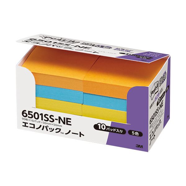 (まとめ) 3M ポストイット エコノパック 強粘着ノート 50×50mm ネオンカラー5色 6501SS-NE 1パック（10冊） 【×10セット】