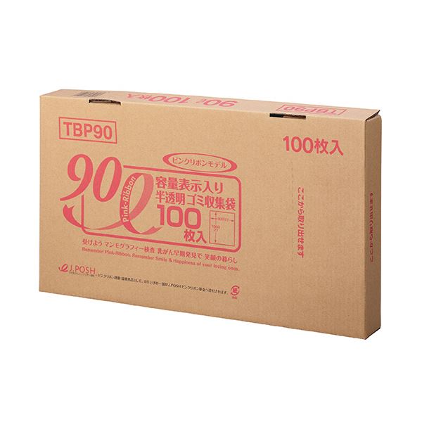 (まとめ)ジャパックス 容量表示入りゴミ袋ピンクリボンモデル 乳白半透明 90L BOXタイプ TBP90 1箱(100枚)【×2セット】