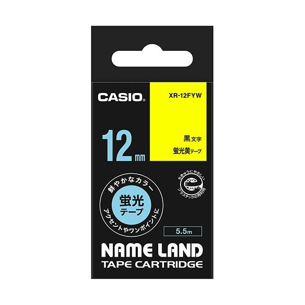 (まとめ) カシオ CASIO ネームランド NAME LAND スタンダードテープ 12mm×5.5m 蛍光黄／黒文字 XR-12FYW 1個 【×10セット】 送料無料！