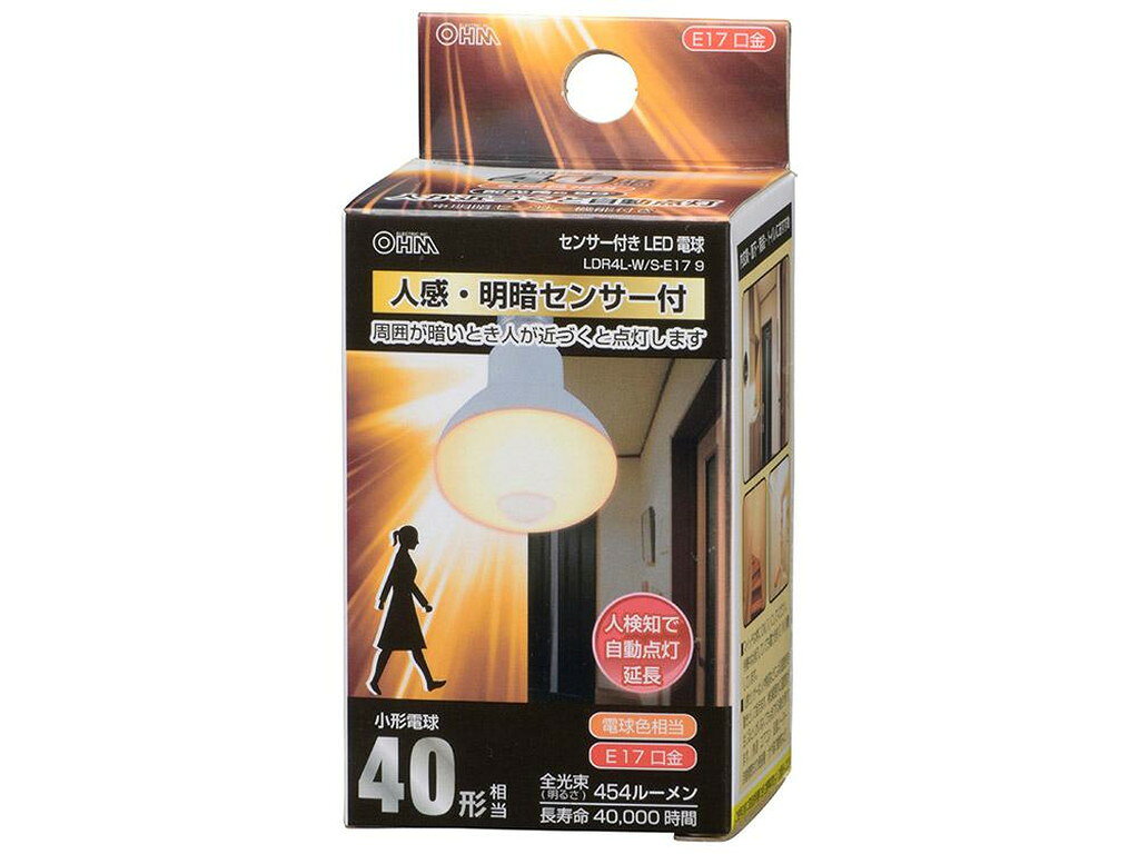 4090177750 ・広告文責（株式会社ビッグフィールド ・072-997-4317）【 特 長 】 ● 人が近づくと自動点灯、人感・明暗センサー機能付きLED電球 ● 周囲が暗いとき人が近づくと点灯します ● 人検知で自動点灯延長 ● 小形電球40W相当の明るさ ● 配光角約90° ● 電球色相当 ● 口金：E17 【 仕 様 】 ■ 寸法：全長…77mm、最大径…50mm ■ 質量：41g ■ 定格消費電力：4.3W ■ 待機時消費電力：0.1W ■ 全光束：454lm ■ エネルギー消費効率：105.6lm/W ■ 平均演色評価数：Ra82 ■ 定格寿命：40000h ※屋内用（屋外使用禁止） ※交流電流 100V 50/60Hz 共用 ≪ご注意≫ ※次のような器具には使用できません ・密閉型器具では、センサーが検知しないため使用できません ・水銀灯などのHIDランプ器具・誘導灯・非常用照明器具 ・調光（明るさが調節できる）機能のついた器具（段調光器具も含む）（100%点灯でも使用不可） ・断熱材施行器具（SB、SGI、SG形表示器具） ※E17口金器具でランプが下向きの下面解放型器具でご使用ください ※次の器具では使用できません（センサー検知障害の原因） ・下面解放型器具でも、細長い器具や、ランプの取り付け位置が奥まっている器具では、センサーが検知しなかったり、 検知範囲が狭くなる場合がありますので使用できません ・白熱電球専用の人感センサー付器具・リモコン付器具など ・取り付け高さが3m以上になる器具 ・ランプを2個以上装着する器具（この他の状況により使用できない場合があります） ・電子スイッチでは使用できません（誤作動の原因）もし希望購入数が買物かごに入らない場合は、一度、お問合せいただければ幸いでございます。
