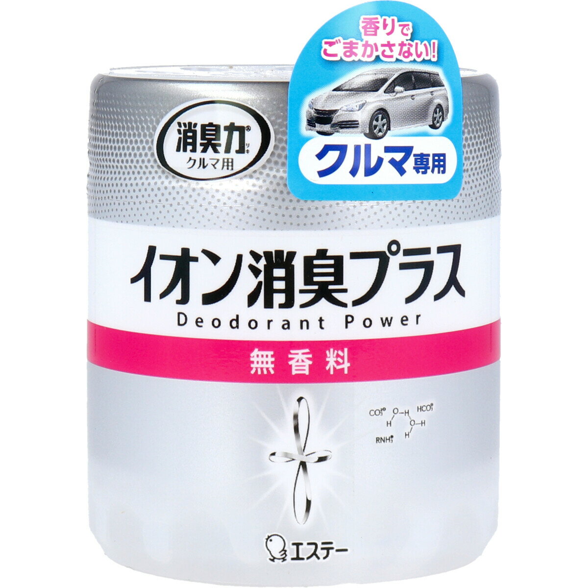 重曹・炭酸ソーダ・アミンそれぞれから生成されたトリプルイオン効果による化学的消臭で、車内の嫌なニオイをしっかり消臭します。●クリアなビーズを採用した香りでごまかさない無香タイプです。エステー消臭力シリーズ ラインナップ消臭剤関連 ラインナップ※予告なく成分・パッケージが変更になることがございます。予めご了承ください。サイズ・容量：個装サイズ：66X77X66mm 個装重量：約130g 内容量：90g ケースサイズ：35X19X14.3cm ケース重量：約2.8kg 製造国：中国 【：20】【発売元：エステー株式会社】【品名】 消臭剤 【用途】 自動車用 【成分】 アミン系消臭剤、炭酸ソーダ、重曹、非イオン界面活性剤、吸水性樹脂 【使用方法】 ※通常約1ヵ月持続します。(季節や使用状況により異なる。) ※使用に伴い薬剤が黄色くなることがありますが、品質・性能上問題ありません。 (1)キャップをはずし、アルミシートを取る。 (2)キャップをしっかり閉め、安定した場所に両面テープで固定する。 ※中身が減ってビーズが小さくなったら、お取替え。 【注意】 ・お年寄り、小児、認知症の方などが誤って食べると、気管に入るなど重症になる恐れがあるので、ご家族の方は製品を手の届かないところに置くなど、特に気をつける。 ・脱落した場合でも運転の妨げにならない平滑で水平な面に両面テープでしっかり固定する。 ・横置きでの使用は絶対にしない。 ・ペダル操作の妨げになるため、運転席の下や足元に置かない。 ・助手席用エアバッグの作動の邪魔にならない所に取り付ける。 ・薬剤がこぼれた場合はすぐに拭き取る。 ・つまりの原因となるので排水口には流さない。 ・両面テープの貼り直しは、粘着力の低下を招くので避ける。 ・用途以外に使用しない。 ※取り付け面は平滑で水平な面を選び、汚れや光沢剤をよく拭き取り、添付の両面テープでしっかり固定して倒さないようにご注意ください。 ★警告・一般注意 ・食用不可：人体に害があるので、絶対に食べない。 ・皮フに触れた場合、かぶれる恐れがあるので注意する。 ・乳幼児の手の届く所に置かない。 ★応急処置 ・万一、間違って食べた場合は医師に相談する。 ・液が目に入った場合は充分流水で洗う。皮フについた場合は石けんでよく洗う。異常のある時は医師に相談する。 ★保管及び廃棄 ・保管の際は、直射日光の当たる場所、40度以上になるところに置かない。 ・廃棄の際は、地域の規則に従って廃棄する。 ※誤食に注意 ・広告文責（株式会社ビッグフィールド ・072-997-4317） ※ご注文手配後の変更キャンセルはお受けできません※仕入れ先からの直送品の為、お客様ご都合の返品・交換を賜ことが出来ません。誠に勝手ではございますが、何卒、ご理解ご了承のほどお願い申し上げます。