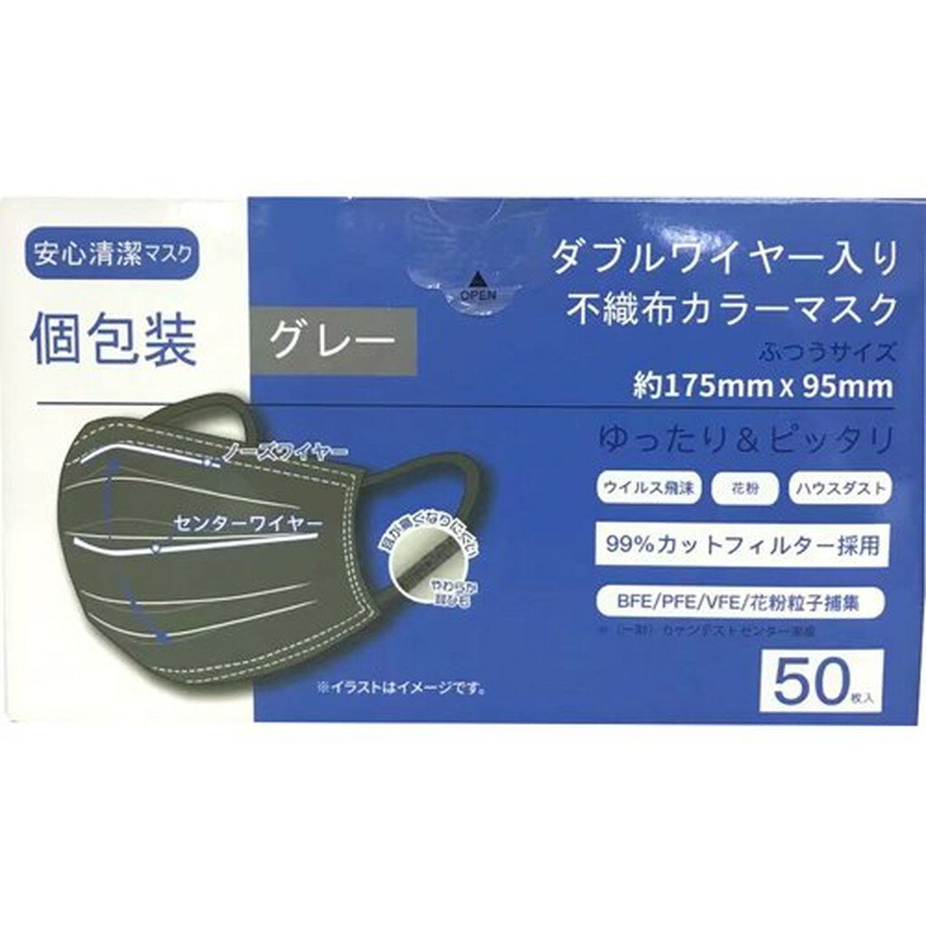 ダブルワイヤー入り 不織布 カラーマスク グレー(50枚入)