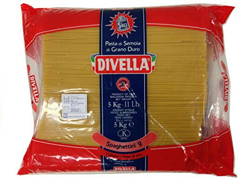 フード＞穀物・豆・麺類＞パスタ＞パスタ全部＞ディヴェッラ(Divella) #9 スパゲッティーニ 1.55mm 業務用 (5kg*2袋セット)【ディヴェッラ(Divella) #9 スパゲッティーニ 1.55mm 業務用の商品詳細】●様々なソースにあわせやすい、1.55mmの業務用サイズです。●ディヴェッラ(DIVELLA)。南イタリアで愛され続けるパスタ1890年創業の家族経営のパスタブランド。南イタリアでは乾燥パスタで大人気のブランドです。●メーカー製粉で香り豊かなセモリナを使用小麦の40％を削ることで、外皮などの「ふすま」が少なくなり、小麦本来の香りが豊かな、黄金色のセモリナになります。ディヴェッラ社のパスタがゴールドカラーになる秘訣です。●アルデンテが長く続く製法70度で凡そ16時間かけて乾燥させる「中温中時間乾燥」製法。中心部までの乾燥度合いが均一になり、茹でムラが少なくなります。芯がほどよく残るアルデンテが続くので、少々のオーバーボイルでも大丈夫！つるつるしこしこの食感が楽しめます。【召し上がり方】調理方法：標準ゆで時間6分(お好みにより調整して下さい)【品名・名称】スパゲッティ【ディヴェッラ(Divella) #9 スパゲッティーニ 1.55mm 業務用の原材料】デュラム小麦のセモリナ【栄養成分】100g当たりエネルギー：355kcal、タンパク質：13.0g、脂質：1.7g、炭水化物：72.0g、食塩相当量：0.004g【アレルギー物質】小麦【保存方法】直射日光・高温多湿を避けて常温で保存して下さい【原産国】イタリア【ブランド】ディベラ【発売元、製造元、輸入元又は販売元】メモス※説明文は単品の内容です。リニューアルに伴い、パッケージ・内容等予告なく変更する場合がございます。予めご了承ください。・単品JAN：8005121082098メモス大阪市中央区南久宝寺町2-2-706-4705-6707[麺類/ブランド：ディベラ/] ・広告文責（株式会社ビッグフィールド ・072-997-4317） ※ご注文手配後の変更キャンセルはお受けできません※仕入れ先からの直送品の為、お客様ご都合の返品・交換を賜ことが出来ません。誠に勝手ではございますが、何卒、ご理解ご了承のほどお願い申し上げます。