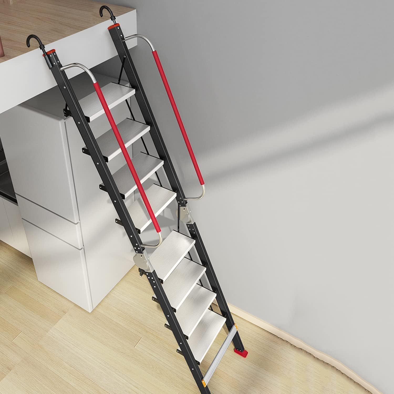 Ladders - アームレスト付き折りたたみ式屋根裏はしご、2つの取り外し可能なフック付きの高い階段滑り止めゴム足ポータブルヘビーデューティ折りた