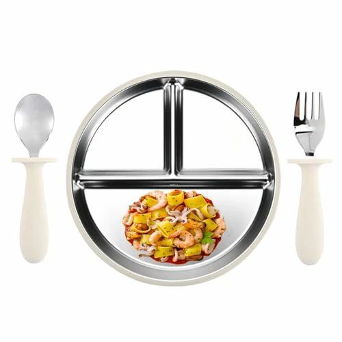 吸引 子ども用 吸盤付き プレート - ベビー食器 ステンレス製 分割皿 調理器具 コンテナ 持ち運び可能 ..