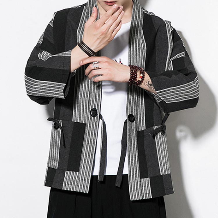 メンズ 綿混 リネン混 ストライプ 和服 服 作務衣風 縦縞 カーディガン 着物 和柄 法被 大きいサイズ 七分袖 甚平 ジャケット 夏 涼しい
