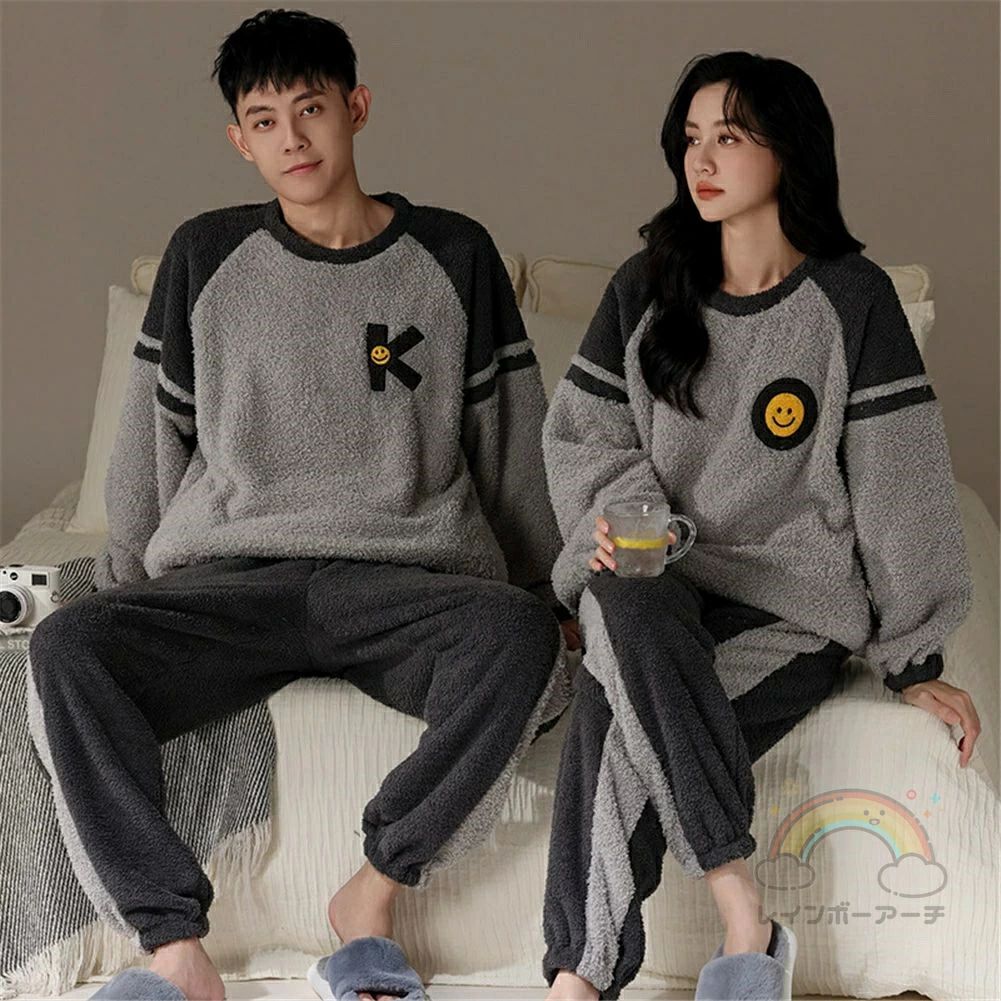 ペアパジャマ 冬 モコモコ 男女2着 セット 長袖 パッチワークスタイル ファッション カジュアル カップル ペア ルームウェア レディース