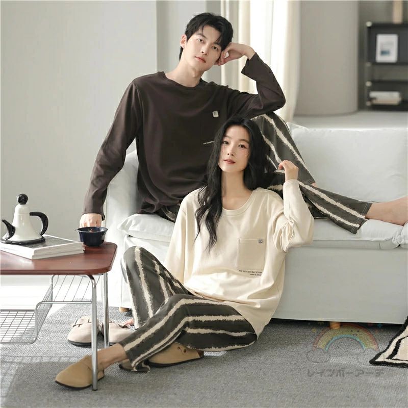 ペア パジャマ 長袖 男女2着 セット シンプル ファッション カジュアル 冬 uネック カップル 秋冬 ルー..