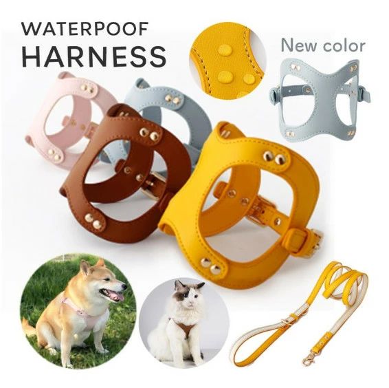 小型犬 猫 胴輪 ペット 柔らかい リード ウォータープルーフ メガネ型 八の字 レザー PU おしゃれ ハー..
