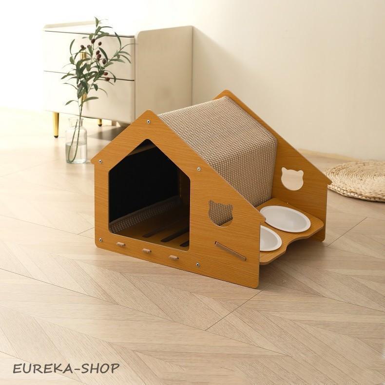 ドッグハウス 木製 ペットハウス 夏用 屋外用犬小屋 室内用 猫用ハウス（ボウル付き）／キャットハウス?スクラッチボード?ドッグベッド