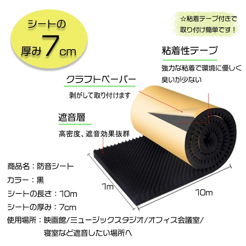 VIEW shopの防音シート 超極厚 防音材 吸音材 10m巻き ロール 粘着テープ付き 難燃性加工済み 遮音 吸音 騒音対策 防音室 厚み7cm｜アングル2