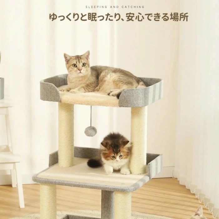 VIEW shopの木製 キャットタワー 階段式 省スペース 据え置き 猫タワー キャットベッド 猫 猫用品 爪とぎ 多頭飼い 落下防止柵 頑丈 全面麻紐 低い段差と登りやすい、シニア猫、子猫、インテリア 遊び道具 室内 ペット用 高さ70cm｜アングル2