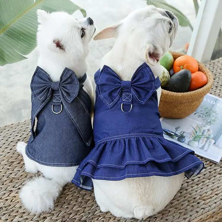 VIEW shopの猫用 春 ハーネス 犬 小型犬 犬服 リボン 犬 犬服 夏 犬 ウェアハーネス かわいい かわいい 迷子防止 女の子 男の子 デニム 春服 ワンピ｜アングル2