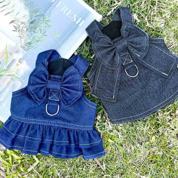 VIEW shopの猫用 春 ハーネス 犬 小型犬 犬服 リボン 犬 犬服 夏 犬 ウェアハーネス かわいい かわいい 迷子防止 女の子 男の子 デニム 春服 ワンピ｜アングル3