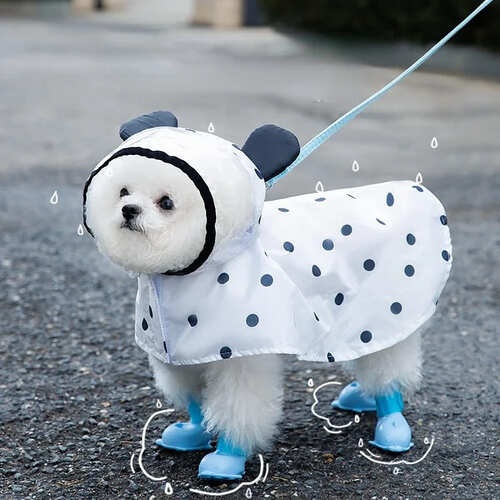 Rakuten - 犬用ドット柄 耳付き 防水 レインコート 透明 くま パンダ 服 フード付き 雨 お散歩 猫 レインスーツ 濡れない お洒落 かわいい 小型犬