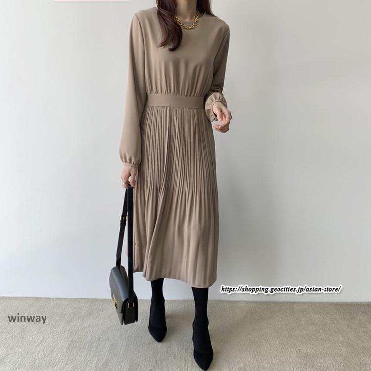 プリーツワンピース 長袖ワンピース 春ワンピース レディース 春秋服 ロングワンピース ミモレ丈 丸ネック 無地 二次会 卒業式 入学式