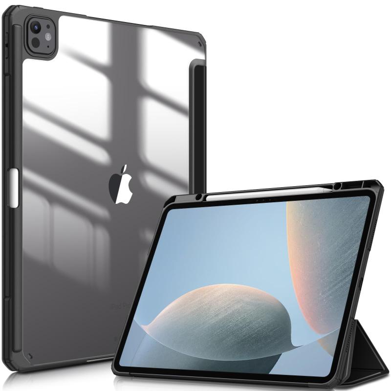 iPad Pro 13インチ(M5/M4) ケース 2025/2024 透明バックカバー Apple Pencil 収納可能 Apple Pencil Proワイヤレス充電対応 三つ折スタンド スリープ機能 軽量 薄型 傷つけ防止 PU合成レザー TP