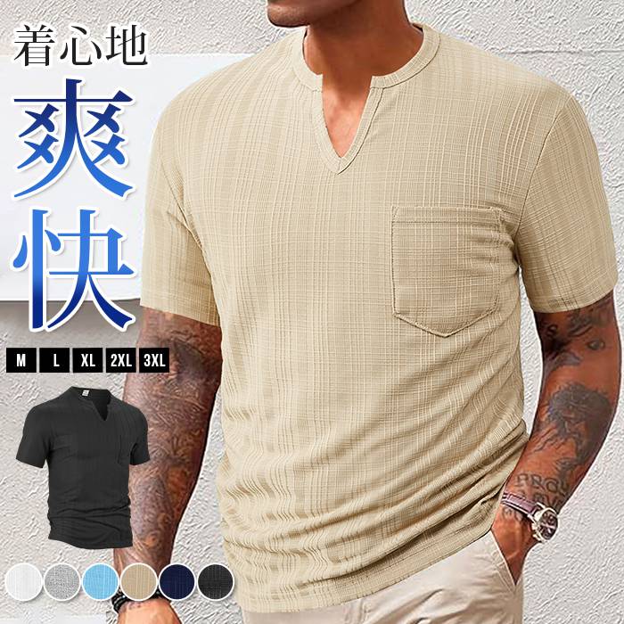 樂天商城 - Tシャツ 半袖 トップス ヘンリーネック メンズ 夏 無地 通勤 Vネック ゴルフウェア フィットネス トレーニングウェア インナーシャツ