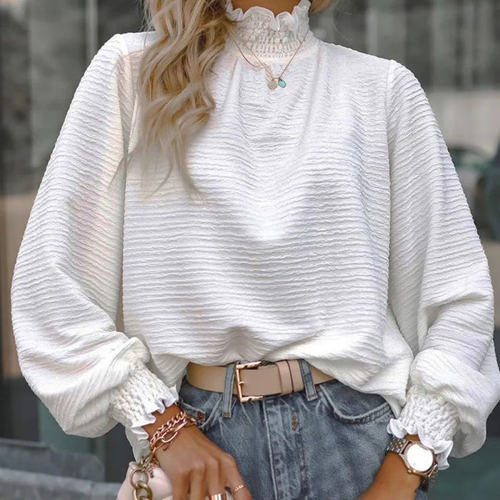 樂天商城 - ブラウス レディース 長袖 ハイネック 立ち襟 シャツ 凸凹感 春 新作 秋物 スタンドカラー 無地 プルオーバー 盛り袖 ボリューム袖 綺麗め カジュアル オフィスカジュアル 体型カバー ゆったり 大きいサイズ 柔らかい 落ち感