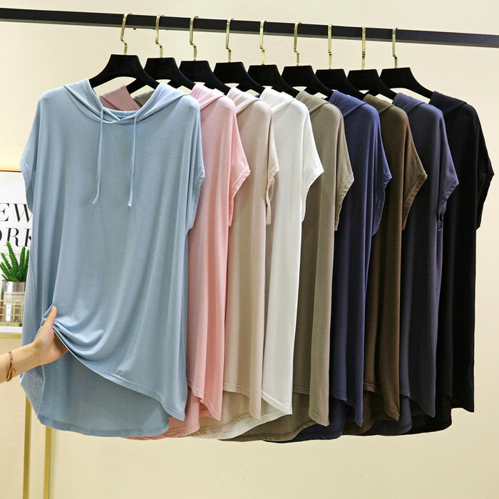 樂天商城 - Tシャツ レディース 夏 半袖 フード付き モダール チュニック アシンメトリー裾 尻が隠れる 体型カバー ゆったり きれいめ カジュアル おしゃれ カットソー インナー 涼しい 無地 プルオーバー パーカー カラバリ豊富 9色