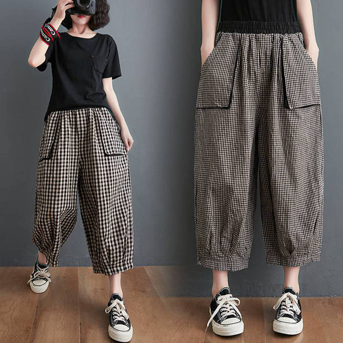 Rakuten - チェックパンツ 夏 バルーンパンツ レディース 7分丈 8分丈 ポケット付き コクーンパンツ 綿麻風 サルエルパンツ ウエストゴム 大きいサイズ ゆったり 体型カバー ナチュラル 旅行 リゾート 普段着 部屋着 デート 通勤 通学