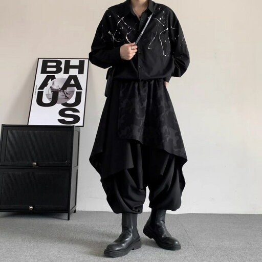 サルエルパンツ 袴パンツ メンズ ワイドパンツ ゆったり サルエルパンツ 大きいサイズ イレギュラー 不規則 ガチョウパンツ ウエストゴム 無地 ビッグシルエット 黒 ブラック 和風 原宿 オシャレ リラックスパンツ アラジンパンツ