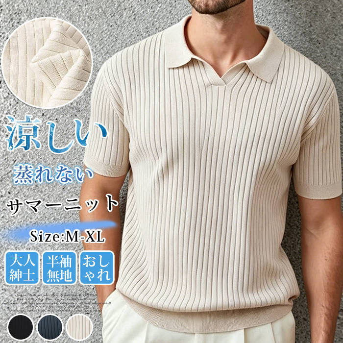 Rakuten - サマーニット ポロシャツ メンズ ニットシャツ 半袖 涼しい スキッパー 襟付き リブ編み トップス 蒸れない 軽い 無地 きれいめ カジュアル ビジネス ビジカジ 30代 40代 50代 おしゃれ 大人 紳士 通勤 夏服 夏用 ゴルフウェア