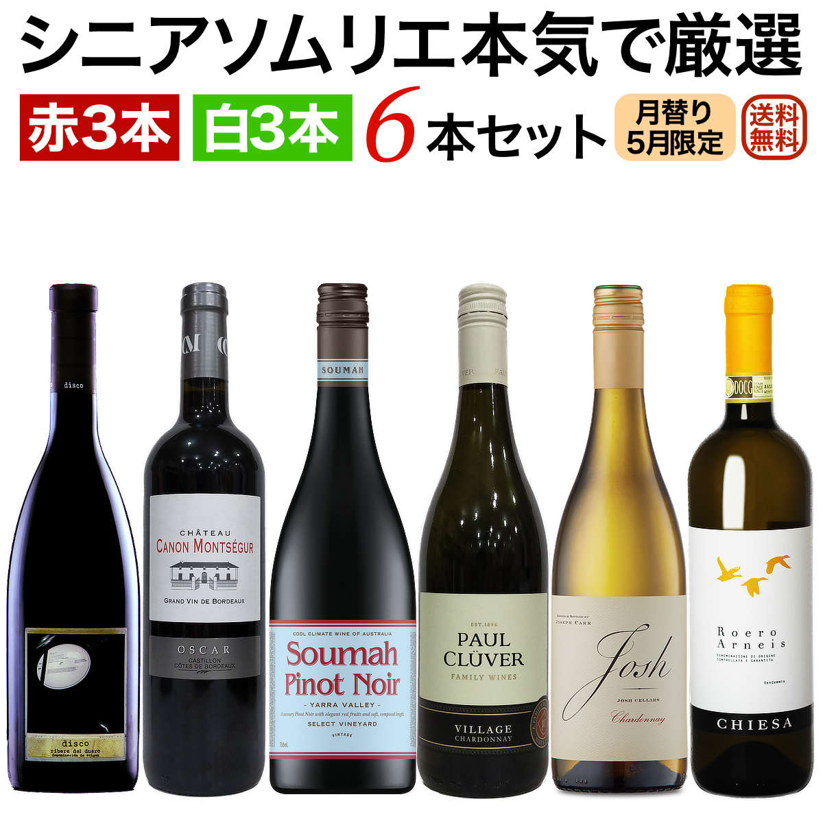 ソムリエ厳選セット 月替り「ちょっと贅沢ワイン」世界各国飲み比べ 赤・白6本セット(赤3本、白3本）5月セレクト 【送料無料】【ワインセット】 ワイン 飲み比べセット セットワイン