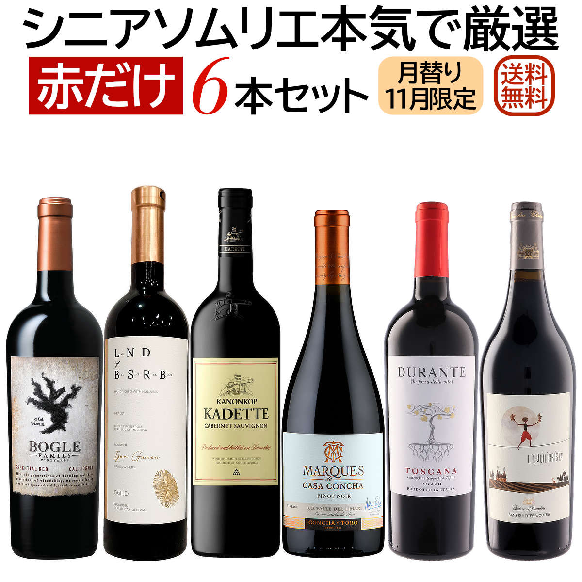 ソムリエ厳選セット 月替り「ちょっと贅沢ワイン」世界各国飲み比べ 赤だけ6本セット 11月セレクト 【送料無料】【赤ワインセット】