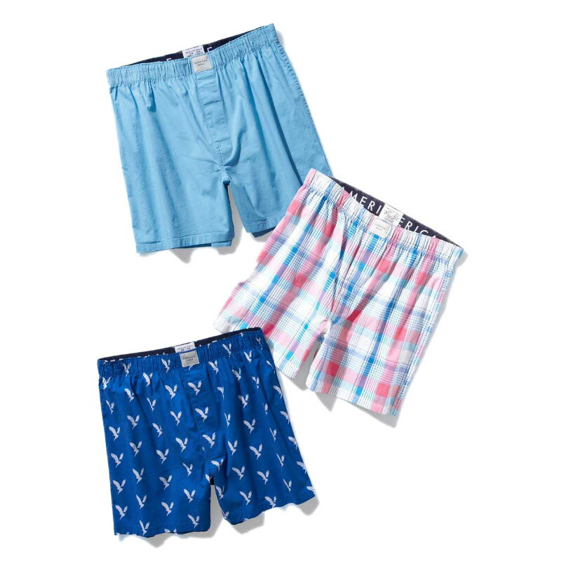 アメリカンイーグル AMERICAN EAGLE メンズ Men's トランクス 下着 3枚セット AEO Stretch Boxer Short 3-Pack ライトブルー ブルー(イーグル柄) マルチカラー(チェック柄)