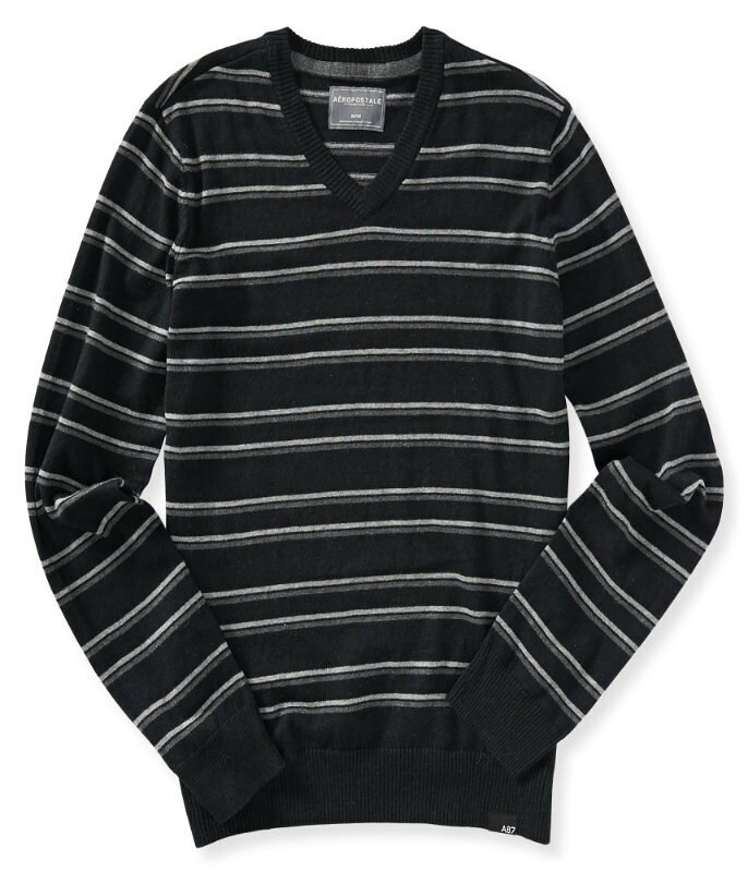 エアロポステール AEROPOSTALE メンズ Men's セーター Striped V-Neck Sweater ブラック Black