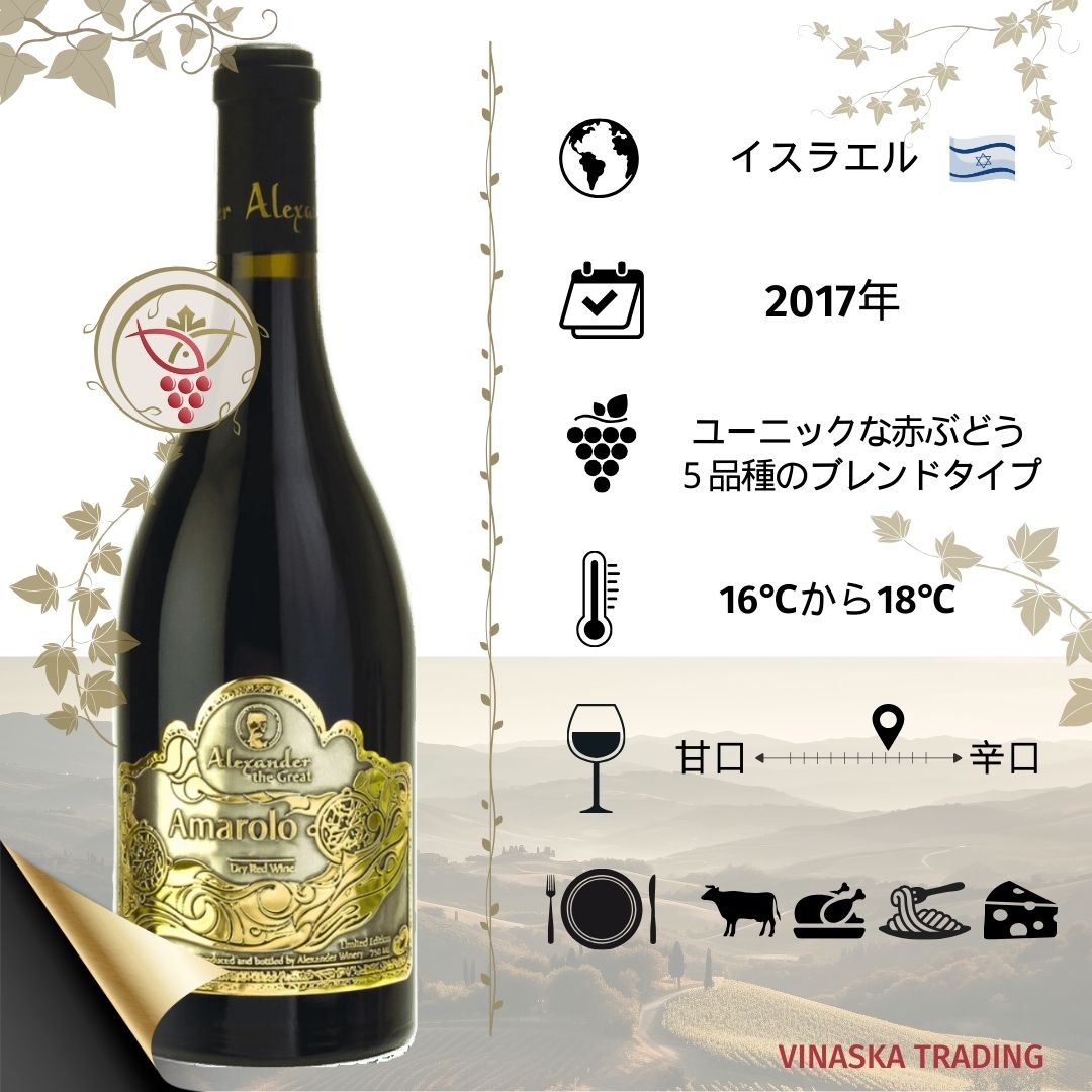 楽天Vinaska　wine　楽天市場店アマロロはイスラエル国内および国際的に多くの賞を受賞し大きな成功を収めています。新樽と古樽で40か月間熟成されています！まさにイタリアのアマローネワインを超えた上質な熟成感あるとてもエレガントな絶品です。日本で弊社のみが直輸入・販売する大変希少なワインです