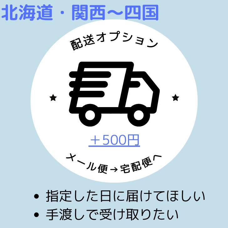 宅配便-配送オプション メール便→宅配便へ切り替え 【東北〜中部は＋320円】・【北海道・関西〜四国は＋500円】・【九州〜沖縄・離島は＋750円】 宅配便500円 