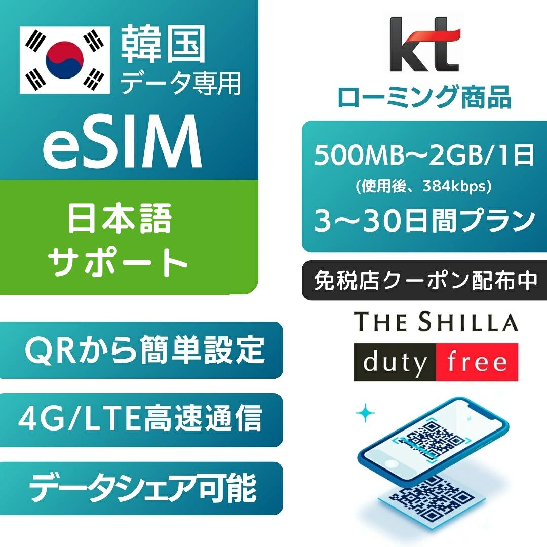 【免税店クーポン 配布中】韓国 eSIM KT 回線利用 3日間 5日間 7日間 10日間 15日間 30日間 プラン【毎日 500MB 1GB …