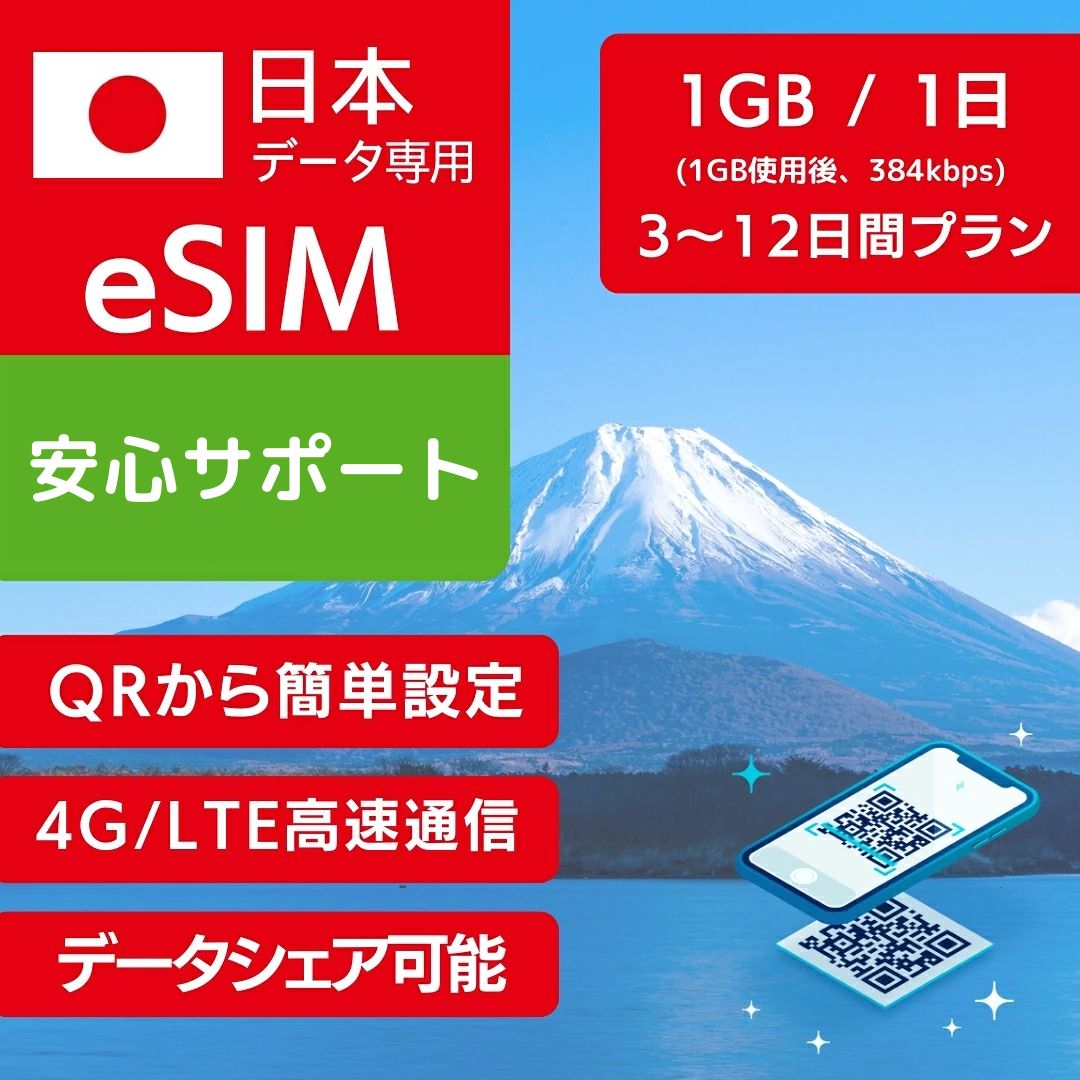 商品説明 商品名 日本 eSIM ローミング 商品名 日本 eSIM 3日間 ローミング 日本 eSIM 5日間 ローミング 日本 eSIM 7日間 ローミング 日本 eSIM 8日間 ローミング 日本 eSIM 10日間 ローミング 日本 eSIM 12日間 ローミング 通信キャリア KDDI au, SoftBank 日数カウント基準 ご利用開始時点から24時間 データリセット基準 ご利用開始時点から24時間 使用可能日数 3日間 (1日1GB使用後 384kbps) 5日間 (1日1GB使用後 384kbps) 7日間 (1日1GB使用後 384kbps) 8日間 (1日1GB使用後 384kbps) 10日間 (1日1GB使用後 384kbps) 12日間 (1日1GB使用後 384kbps)