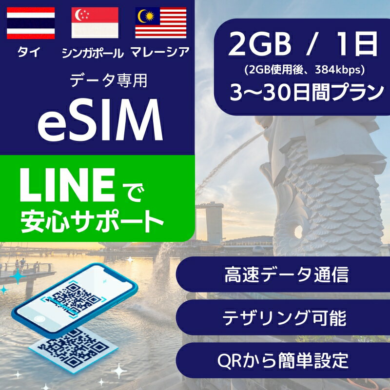 タイ シンガポール マレーシア eSIMデータ専用【毎日 2GB 使用後 384kbps】 3日間 4日間 5日間 7日間 10日間 20日間 30日間 デイリー ..