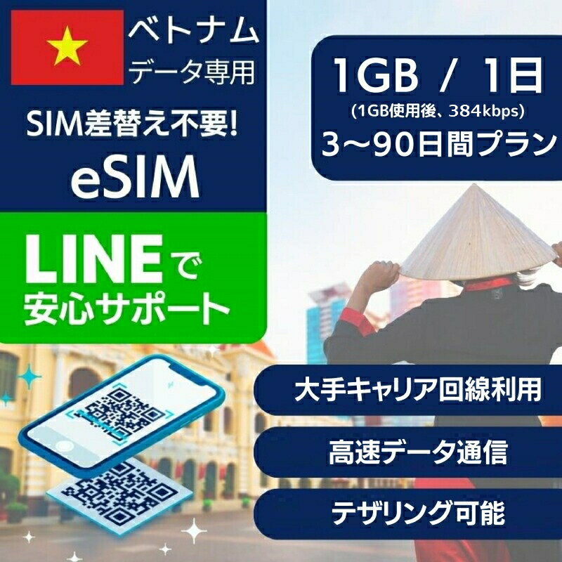 ベトナム eSIM データ専用 3日間 4日間 5日間 7日間 10日間 1日あたり 1G 使用後 384kbps データ ローミング Viettel Vinaphone 正規品 プリペイドSIM e-SIM ベトナム旅行 高速通信 データ インターネット Roaming