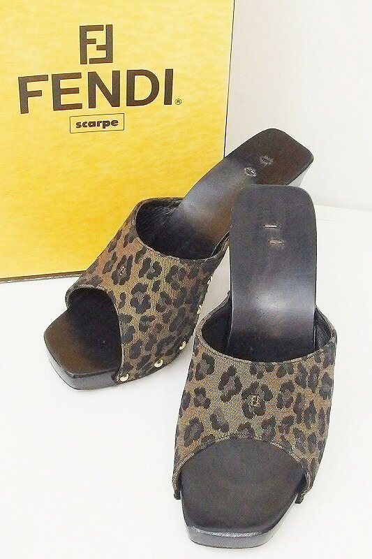 【中古】FENDI(フェンディ) ヒョウ柄　キャンバス×ウッド　ミュール 35　1/2 ブラック/ブラウン