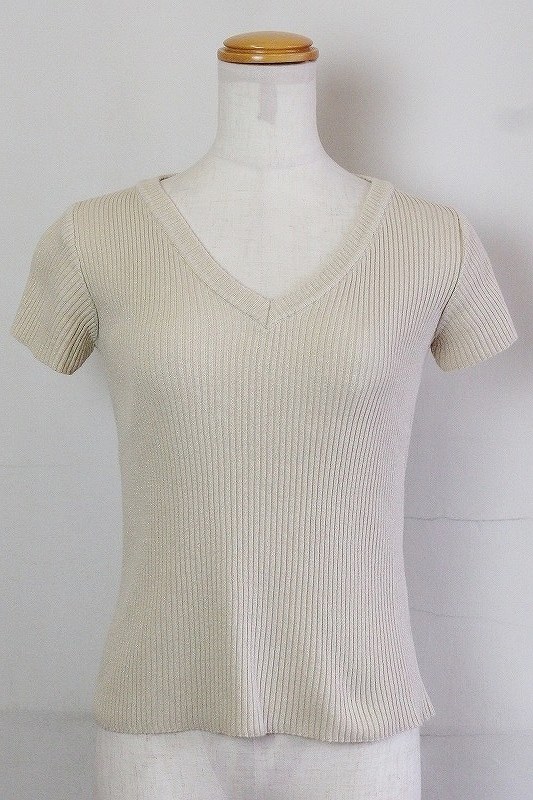 V-Neck - 【中古】INED イネド 麻混　リブニット　半袖　Vネック　サマーセーター　ラメ 9 ベージュ ok4416194573