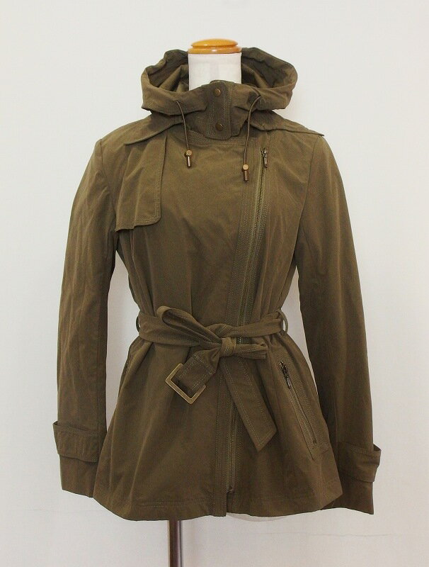 Rakuten - 【中古】MICHEL KLEIN ミッシェルクラン フード ミリタリー ハーフコート　ポリエステル　ベルト付き 40 カーキ ok4418195157