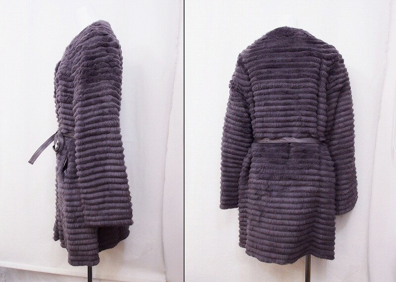【中古】P&T FURS　ラビットファー　ノーカラーコート　ベルト付き 42 グレー系 nm4418195842