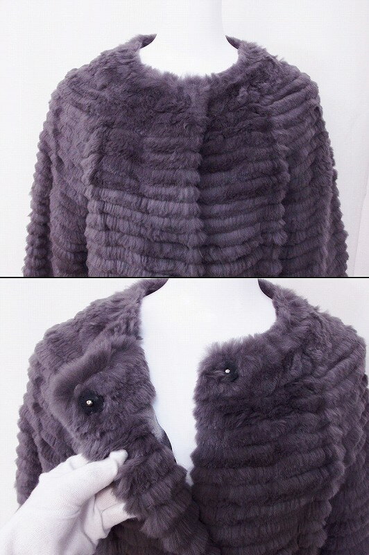 【中古】P&T FURS　ラビットファー　ノーカラーコート　ベルト付き 42 グレー系 nm4418195842