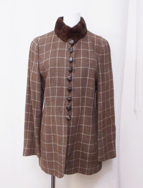 乐天商城 - 【中古】akris アクリス チェック柄　衿ファー　ロングジャケット CH：36 ブラウン nm4606202203