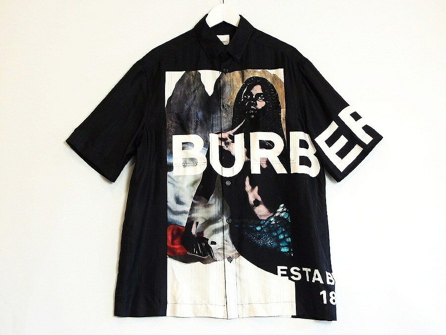 【中古】BURBERRY バーバリー 【21SS】マーメイドプリント シルクツイル　半袖シャツ　アート画総柄 メンズ S 4567606 ブラック系